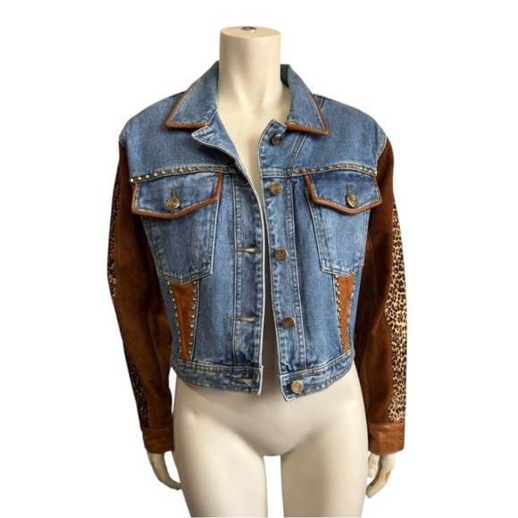 Vintage Cache Denim Suede Leopard Leather Print Jacket Women’s Size Small NWT - Picture 1 of 13